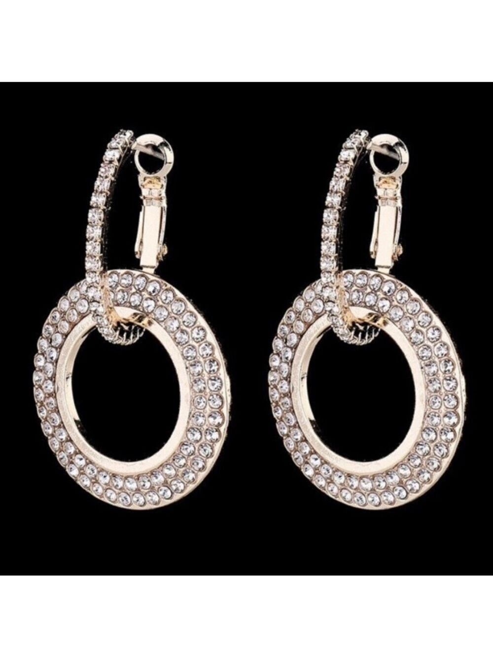 Rose Gold Bling Double Looped CZ Circle Hoops Dangling Earrings NWOT